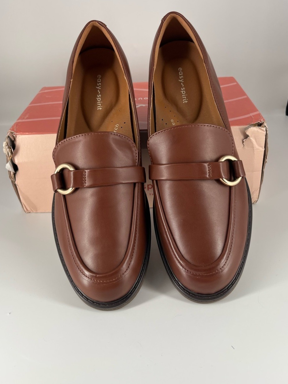 Easy Spirit Women's Chestnut Brown Leather Loafers with Gold Ring Accent